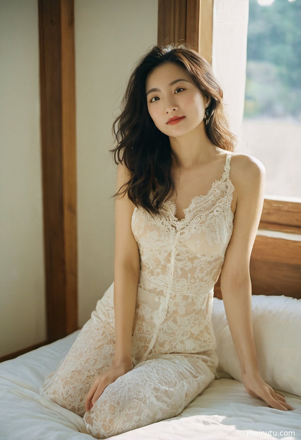 Mysterious allure of an adult asian woman's profile in a soft halo of light by the sea.