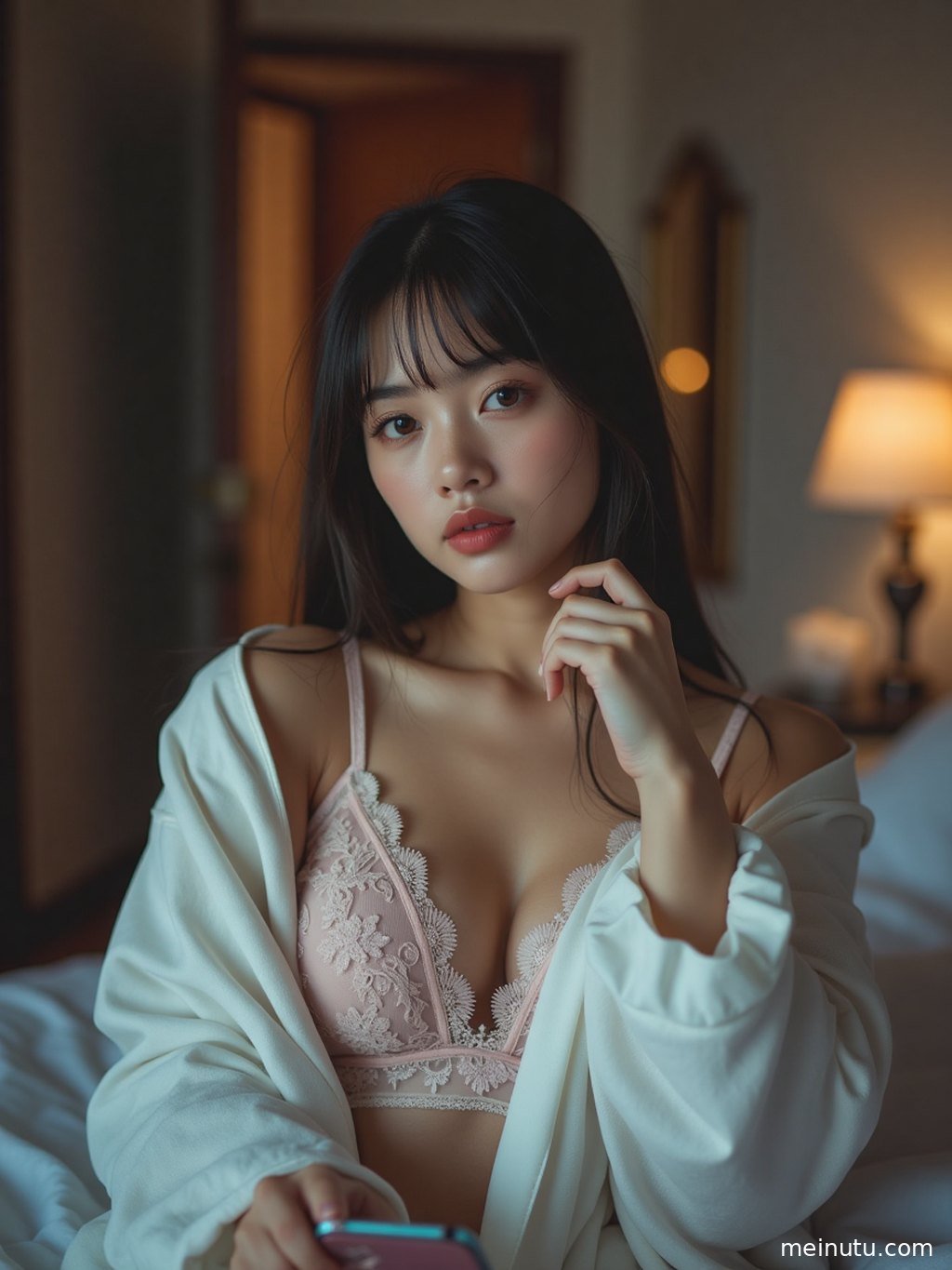 日本美女在庭院的绿植旁，利用自然光展现清新活力。