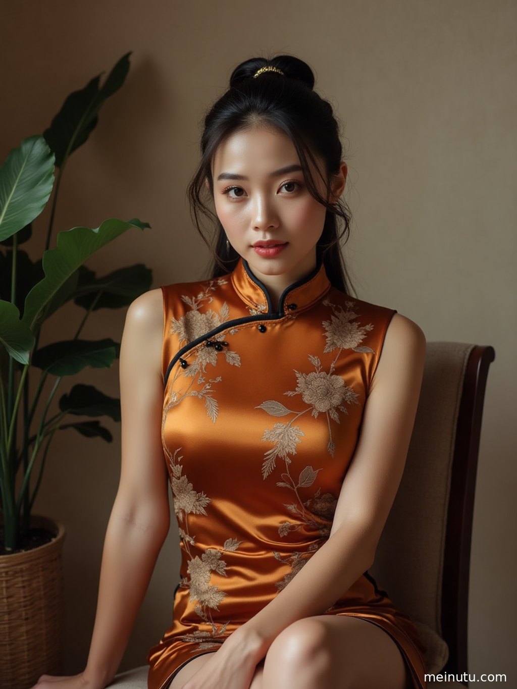 白色旗袍的细腻纹理在清透高光下若隐若现，勾勒出女性的优雅曲线。