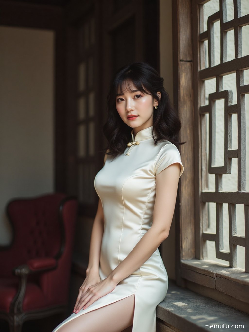 身着复古旗袍的成年女子在花园中回眸，光影斑驳。