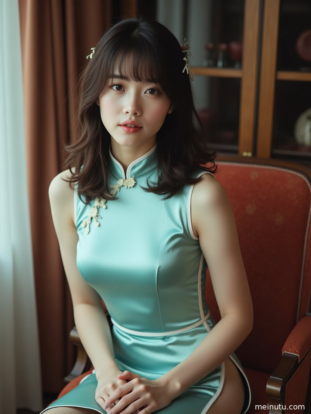 花园一角，一位年轻成年女性身着旗袍，侧颜温婉。