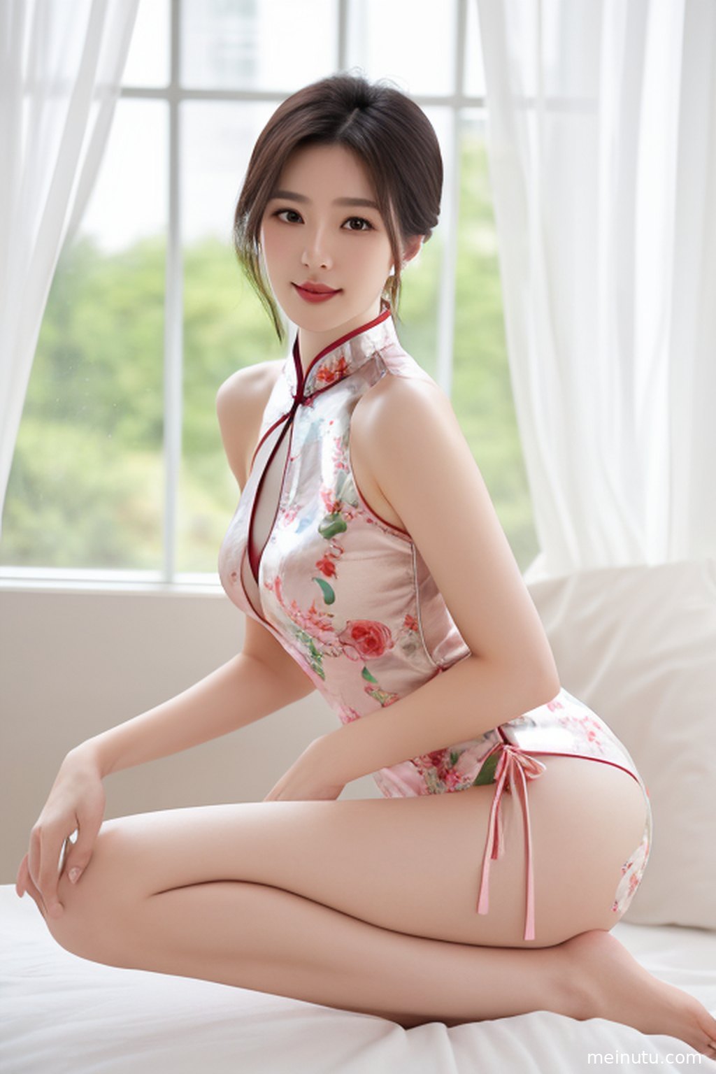 庭院深处，改良版旗袍的年轻成年女子回眸一笑，逆光下的光影效果极具艺术感。