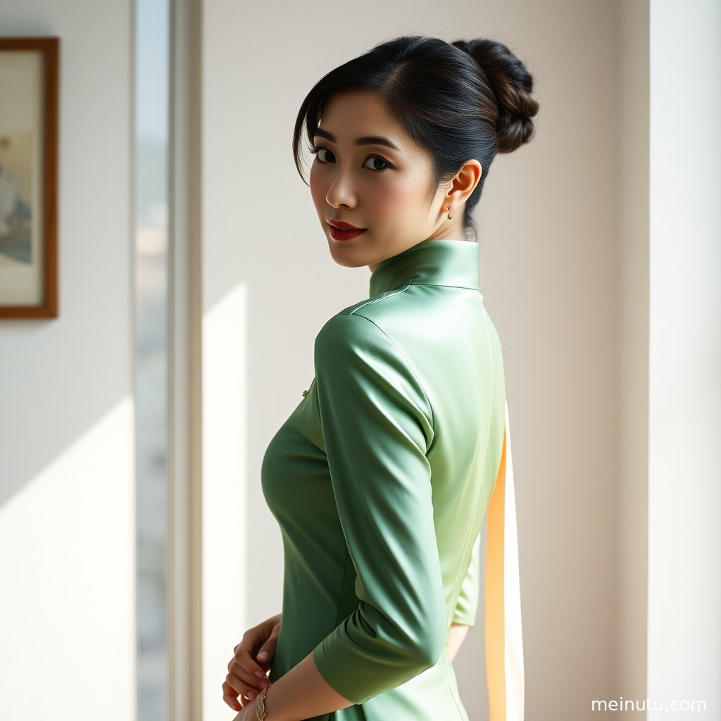 身着黑色旗袍的成年女性，面容宁静，眼神深邃，窗外光线勾勒出侧脸轮廓。