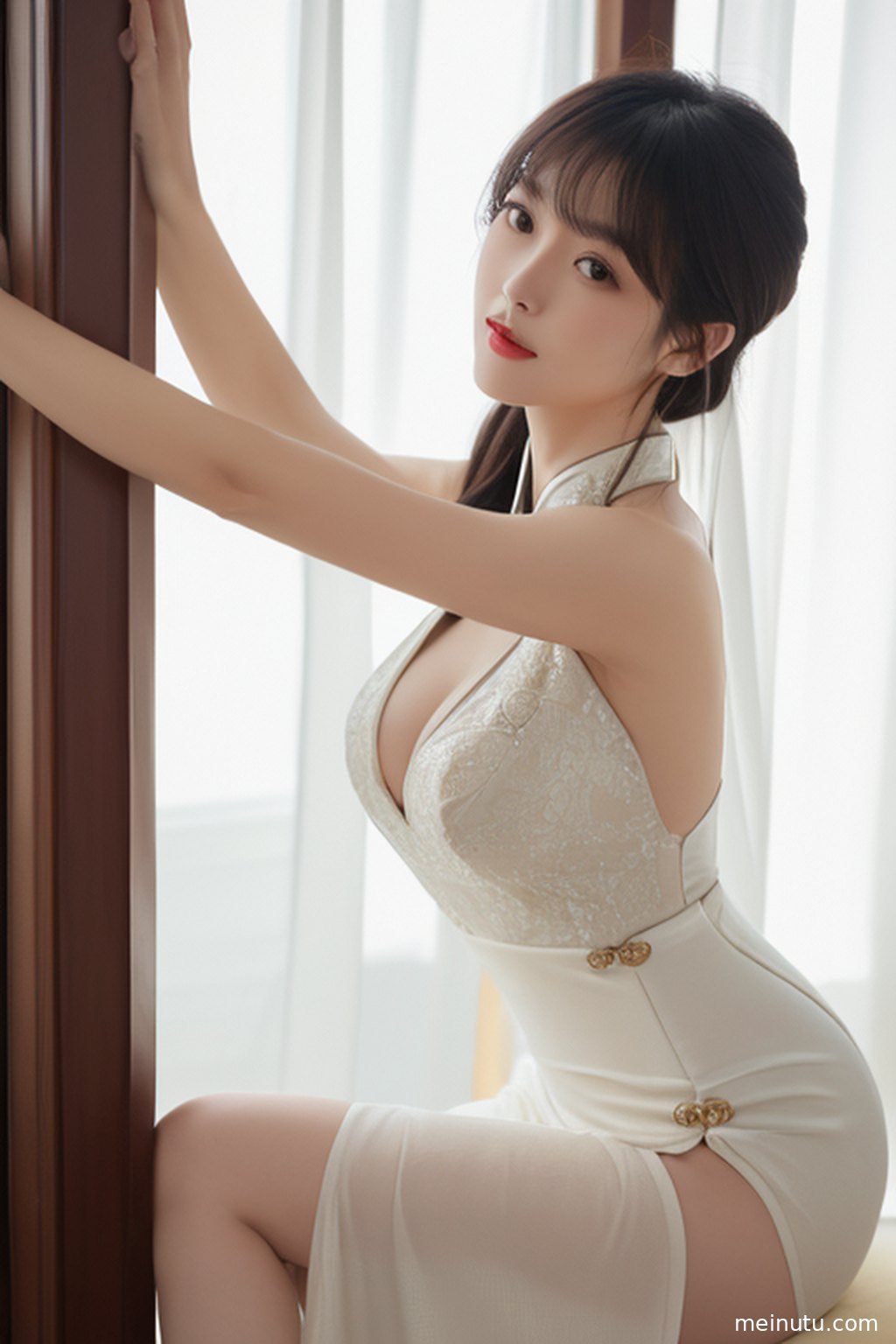 自然光勾勒出礼服旗袍的柔美线条，成年女子在纯净空间中散发迷人魅力。