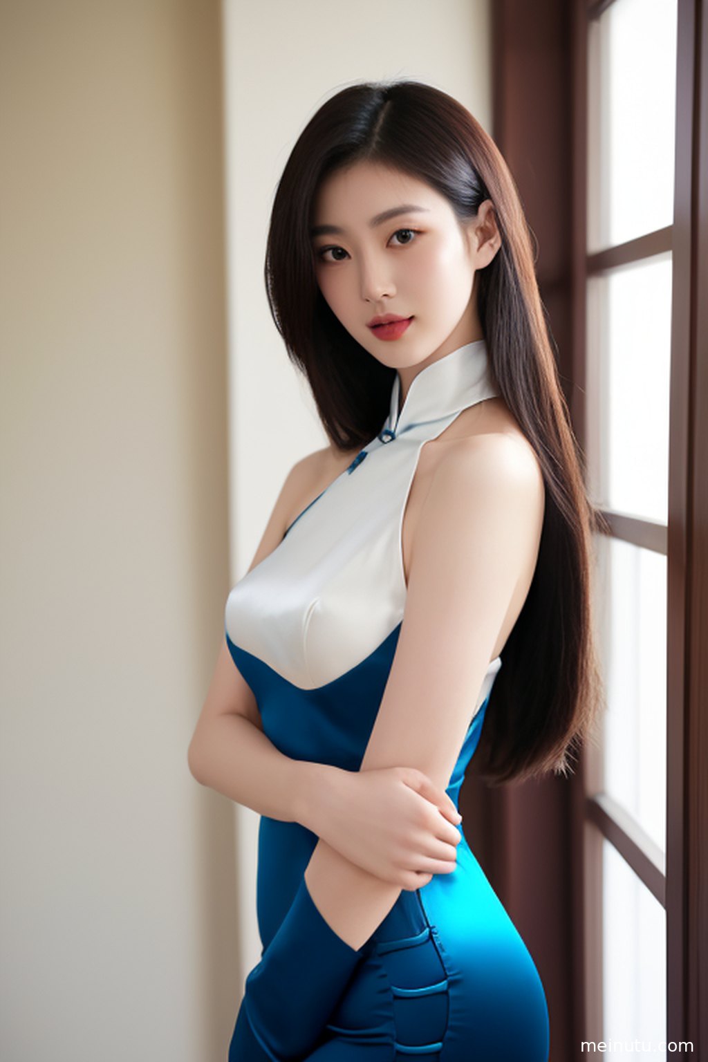 海风吹拂，民国旗袍勾勒出成年女性的曼妙身姿，背景是波光粼粼的海面与柔和光线。