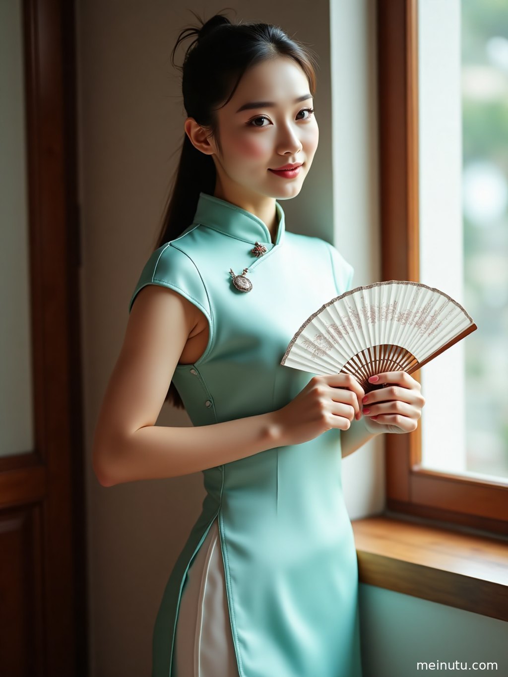 一位年轻成年女性身着改良版旗袍，在海边柔和的逆光中展现迷人身姿。
