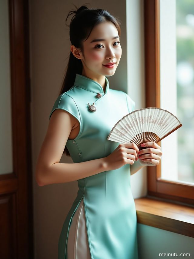 一位年轻成年女性身着改良版旗袍，在海边柔和的逆光中展现迷人身姿。