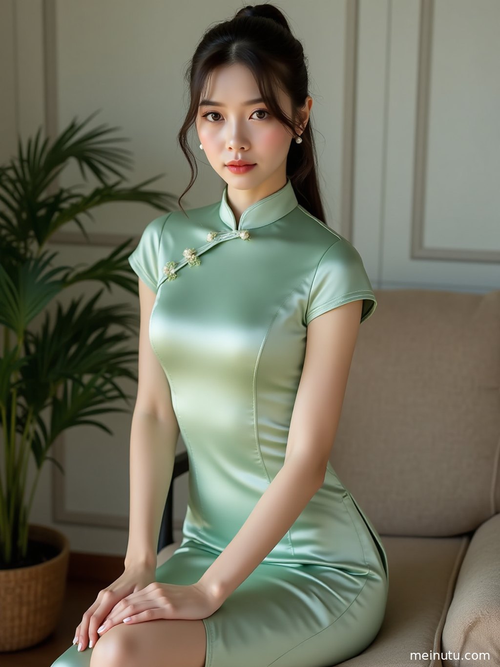低角度镜头捕捉海边改良旗袍女郎，逆光勾勒出唯美剪影。