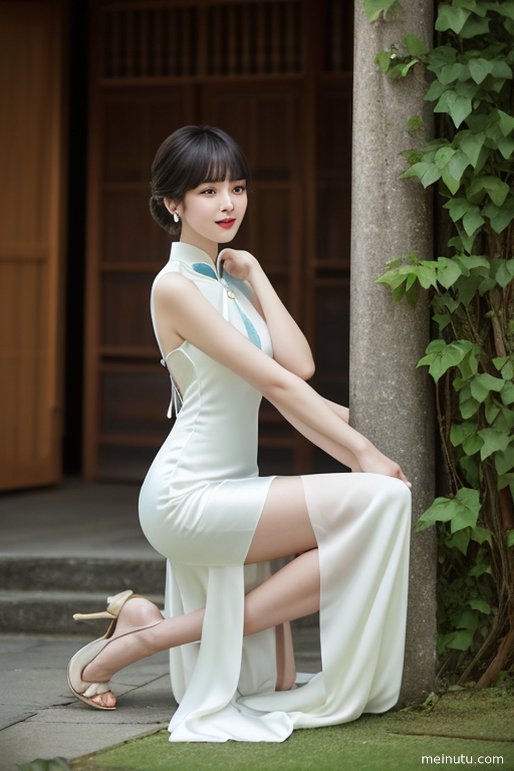 从窗外射入的光线穿过薄纱，在黑色旗袍和年轻成年女子身上投下斑驳的电影感光影。