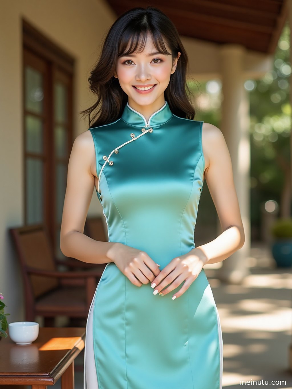 另一位成年女子身着复古旗袍，在简约的棚拍空间中，光影投射在脸庞，展现出一种宁静致远的东方古典美。