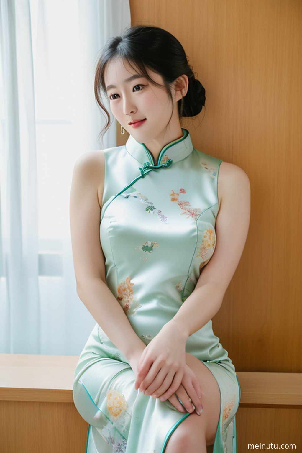 Full-body shot capturing cheongsam details and street scenery, with captivating light and shadow.