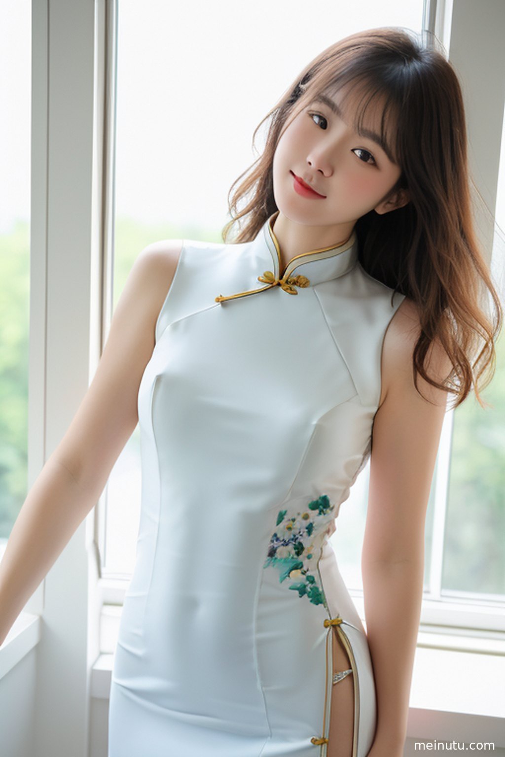 Side profile close-up, warm lighting creates an intimate atmosphere, emphasizing the unique charm of the qipao.