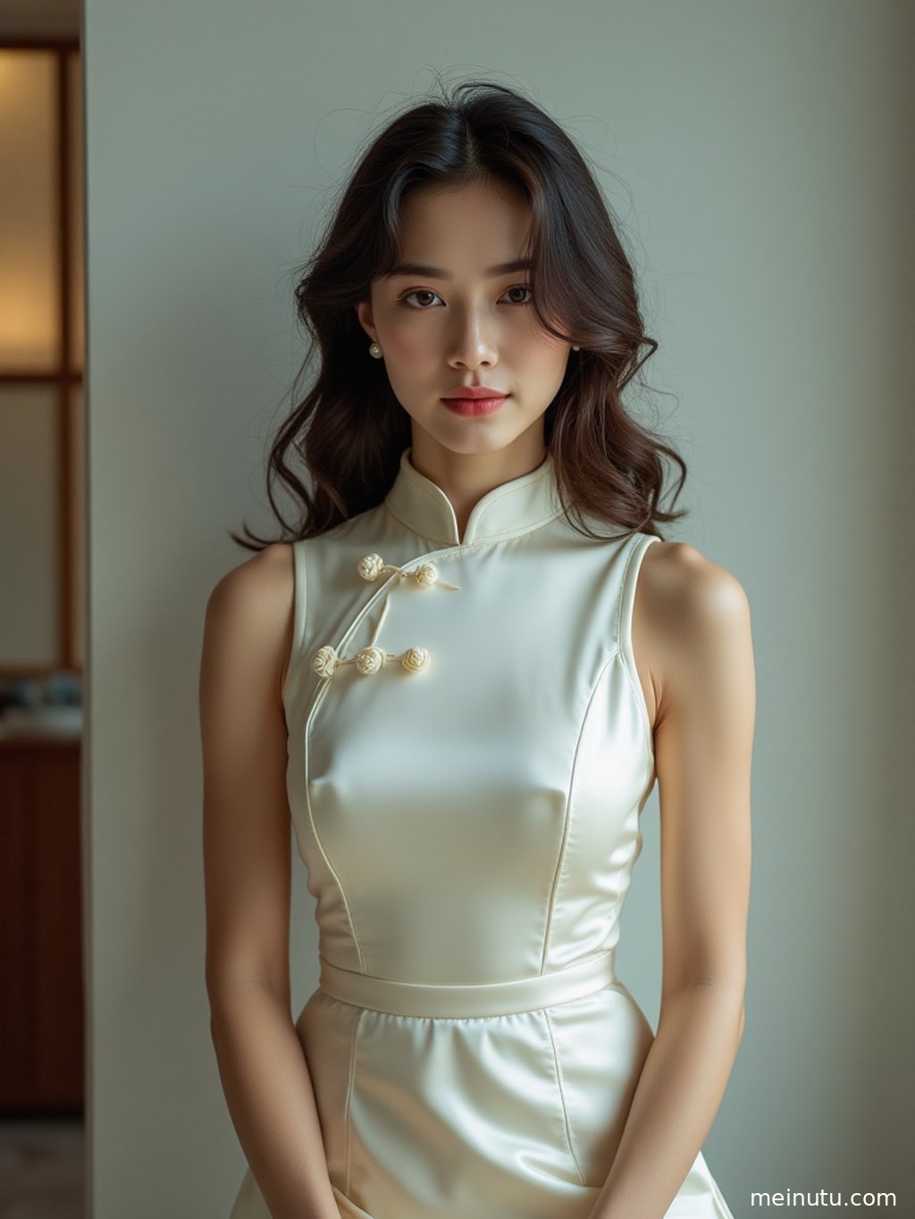 Adult woman immersed in the themed environment, with the image emphasizing the soft lighting and high definition of the Blue and White Porcelain Cheongsam Beachside Portraits.