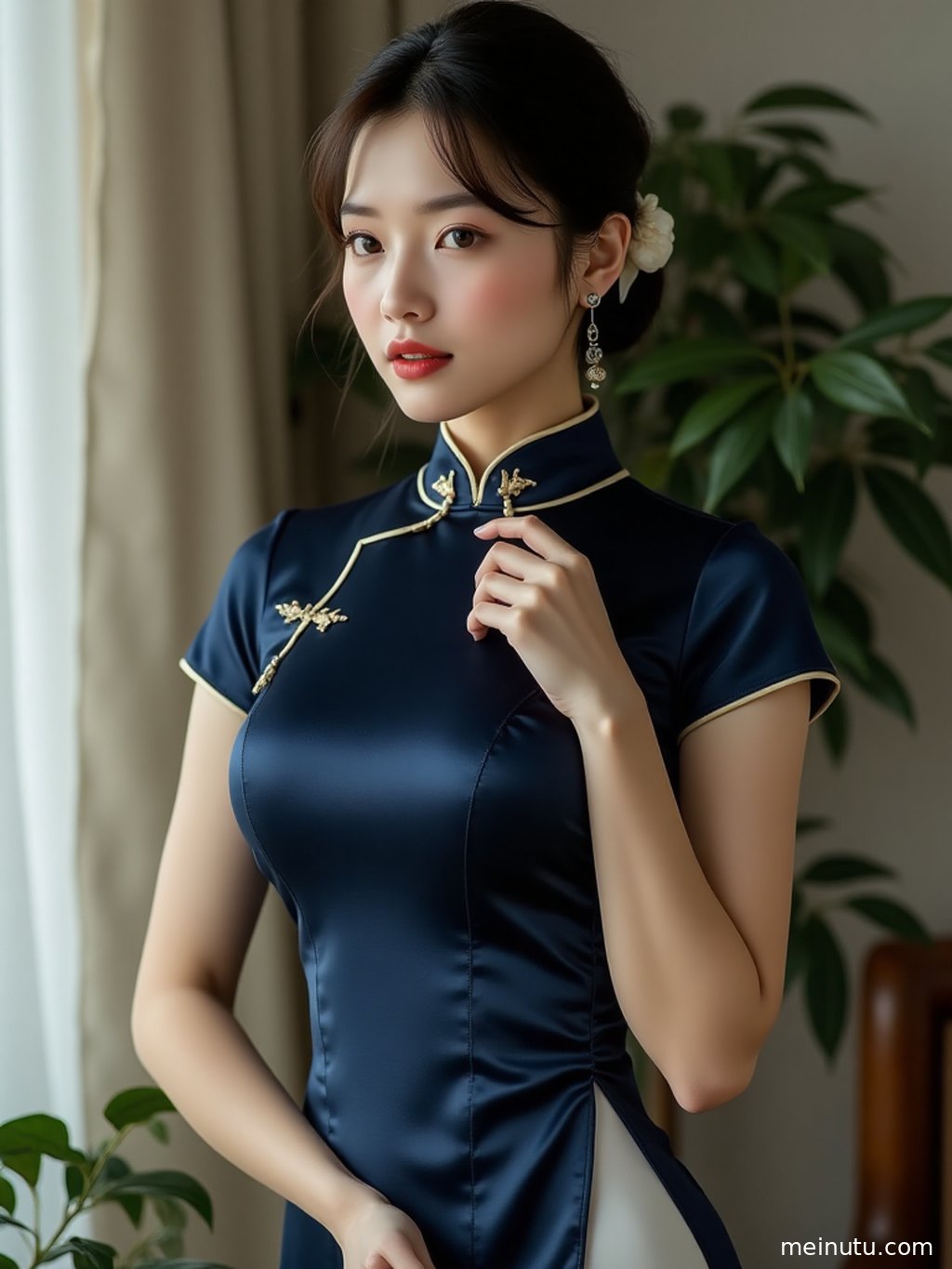 成年女性在柔和自然光下侧身回眸，展现丝绒旗袍 名媛风 窗边暖光 性感曲线的场景层次与光影。