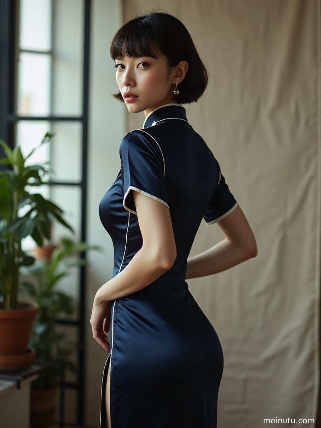 成年女性置身主题场景中，画面强调丝绒旗袍 名媛风 窗边暖光 性感曲线的柔和光线与高清画质。