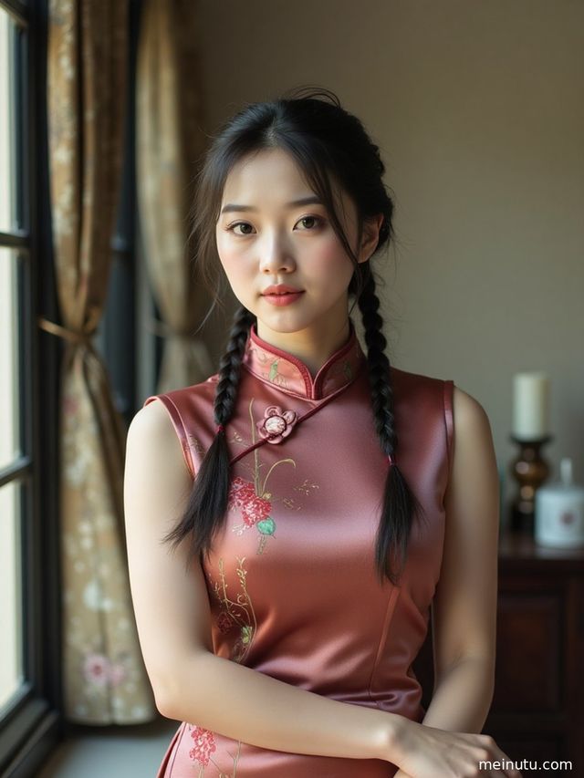 An adult woman in an elegant courtyard qipao, posing for a captivating half-body portrait against the soft backlight of the seaside.
