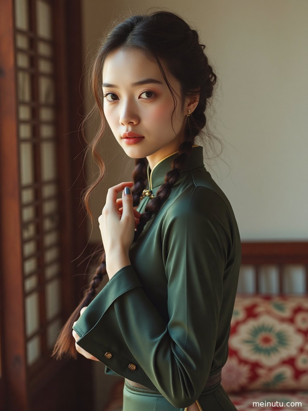 Against a backdrop of ocean waves and rocks, an adult woman in a stunning qipao is beautifully framed by the gentle backlight, highlighting her graceful posture.