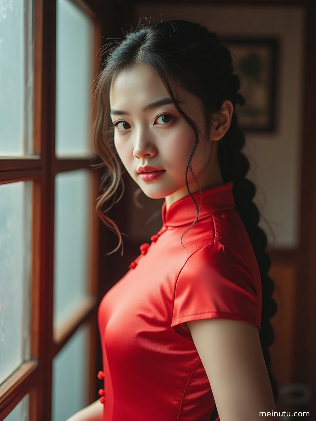 The intricate details of the courtyard qipao gleam in the seaside backlight, showcasing the oriental charm of the adult woman.