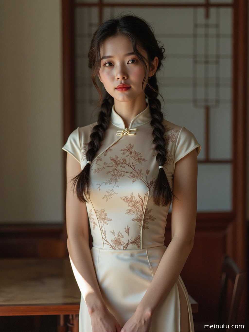 Warm backlight illuminates the face and qipao of the adult woman, creating a poetic half-body portrait by the sea.