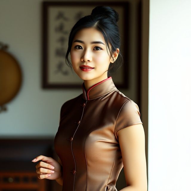 An adult woman in an elegant purple qipao, showcasing a captivating profile under warm street lighting, full body shot.
