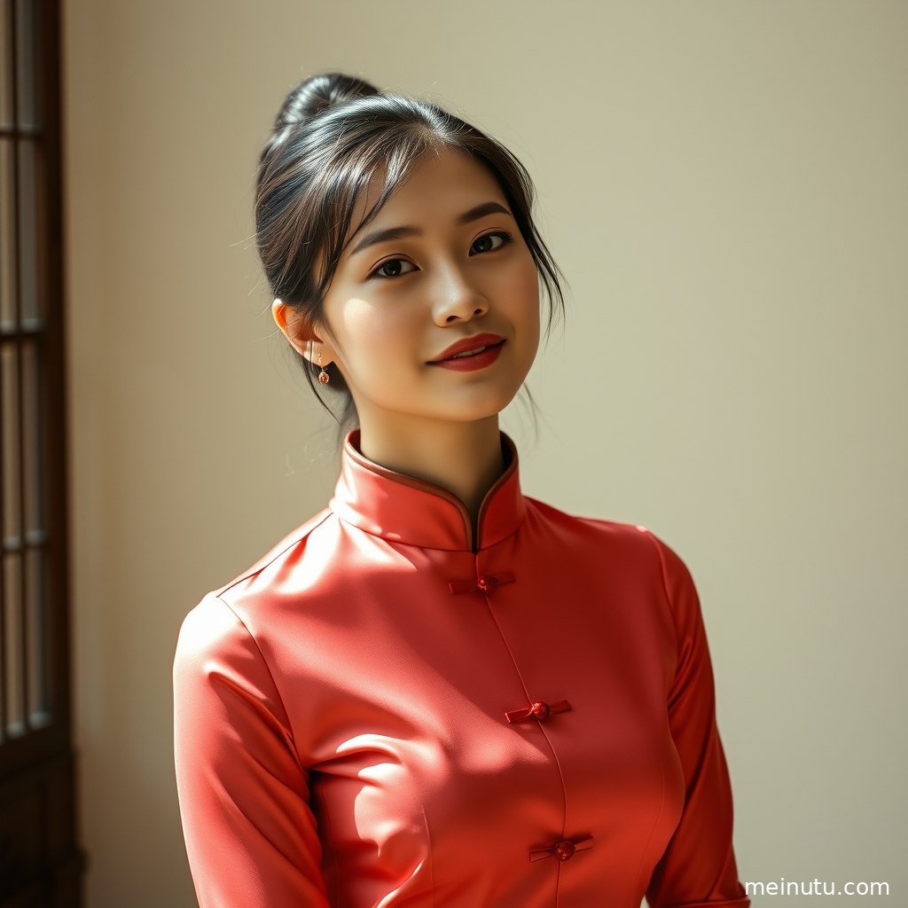 The silk fabric of the purple qipao gleams in warm side light, highlighting the adult woman's graceful figure in a full body composition.