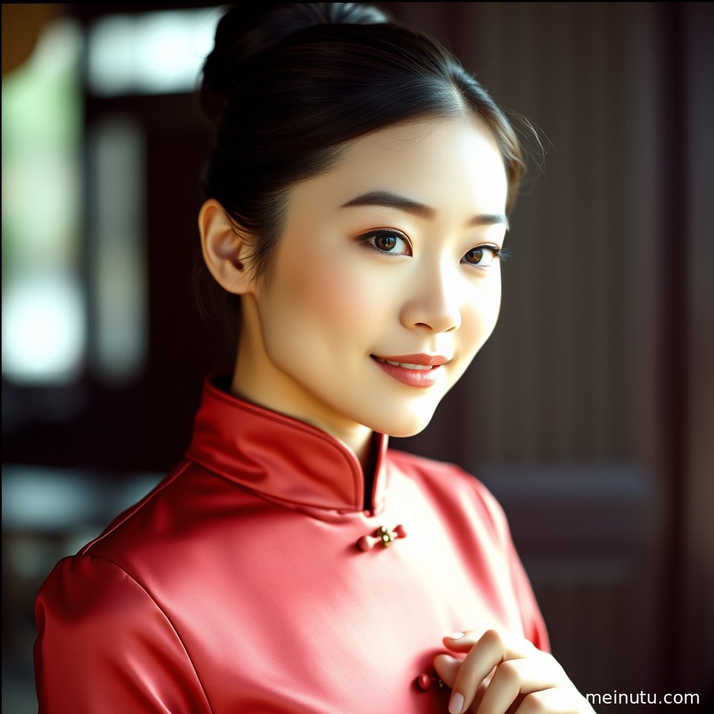 A classic purple qipao blends with a modern street scene, warm side lighting creates a vintage yet fashionable atmosphere, showcasing the unique charm of an asian woman.