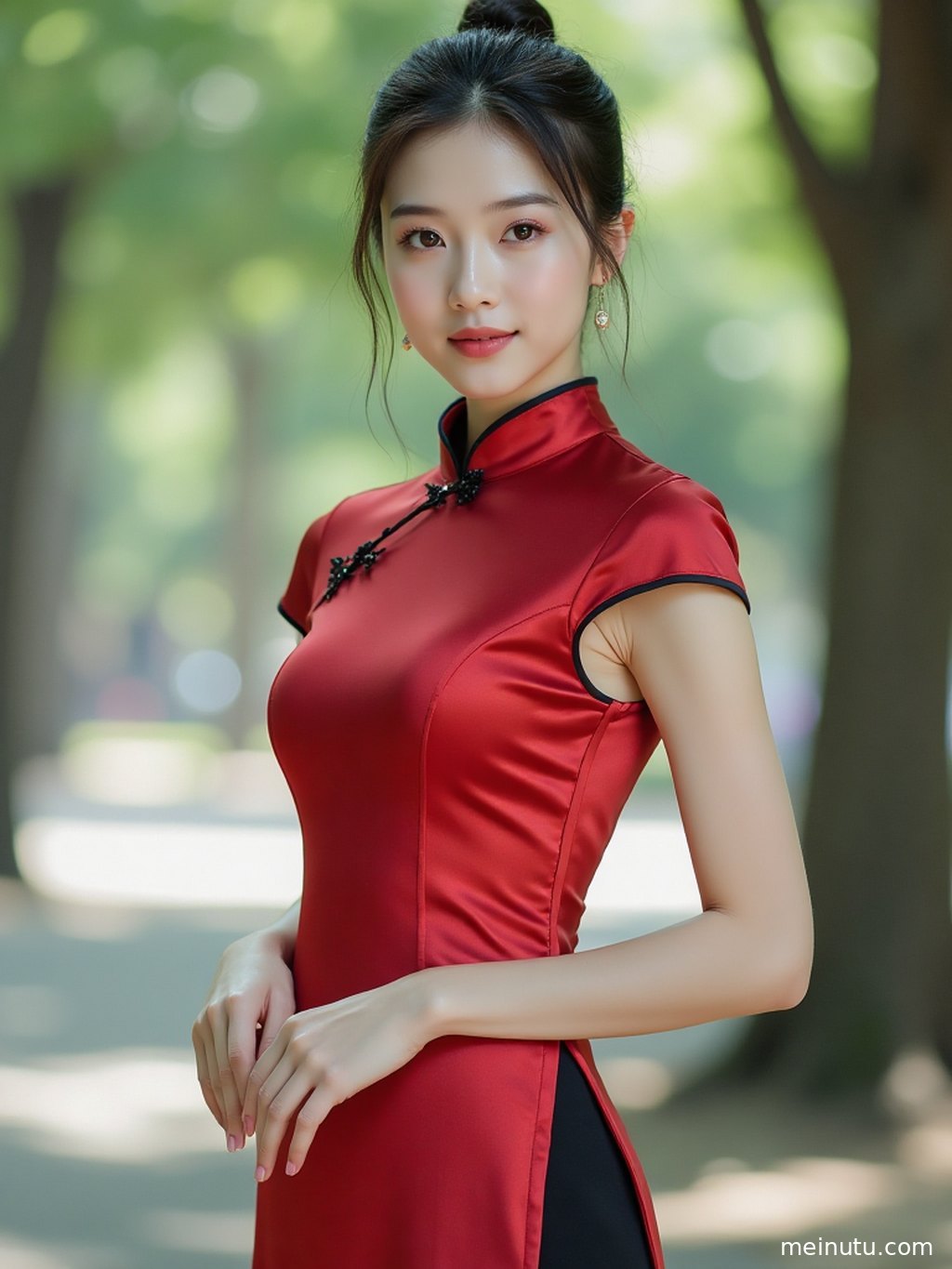 An adult woman in a luxurious silk qipao, exuding oriental charm in a classical garden.