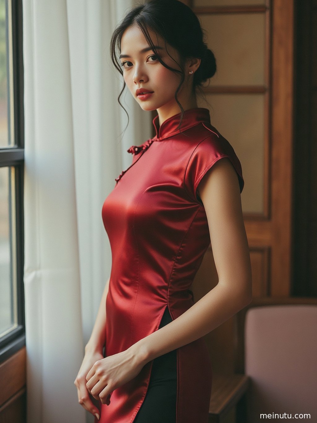 Close-up shots clearly showing the delicate fabric and exquisite embroidery of the silk qipao.