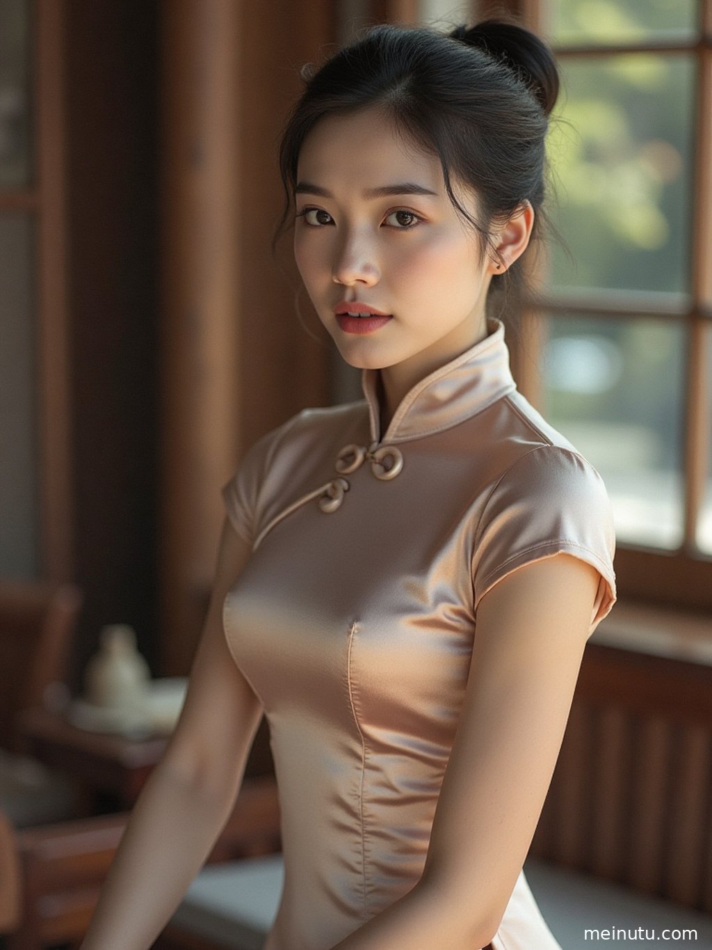 An adult woman in a fitted silk qipao, her graceful silhouette visible from the side.