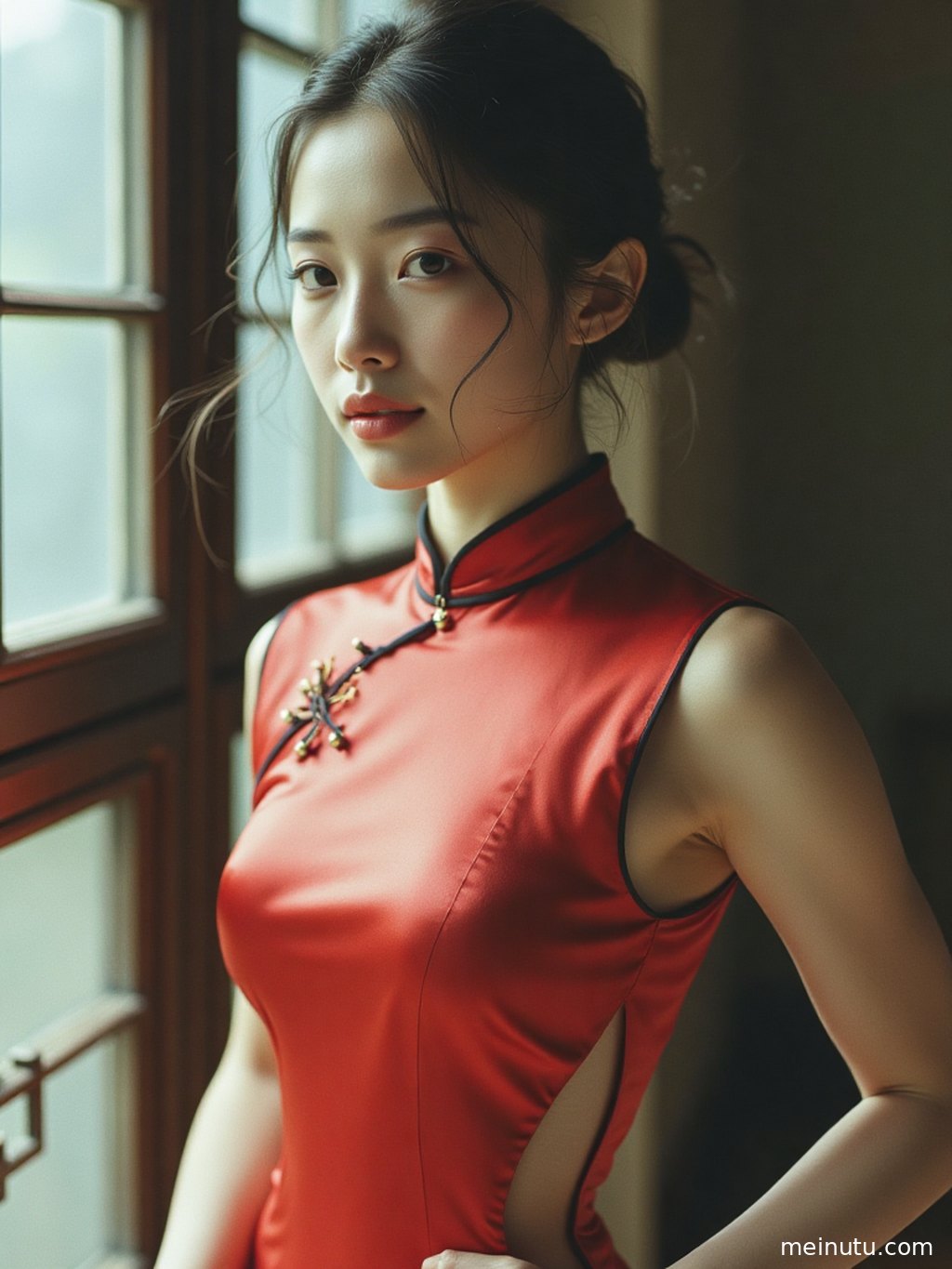 Silk qipao photoshoot, where light and shadow interplay to reveal the drape of the qipao and the wearer's captivating demeanor.
