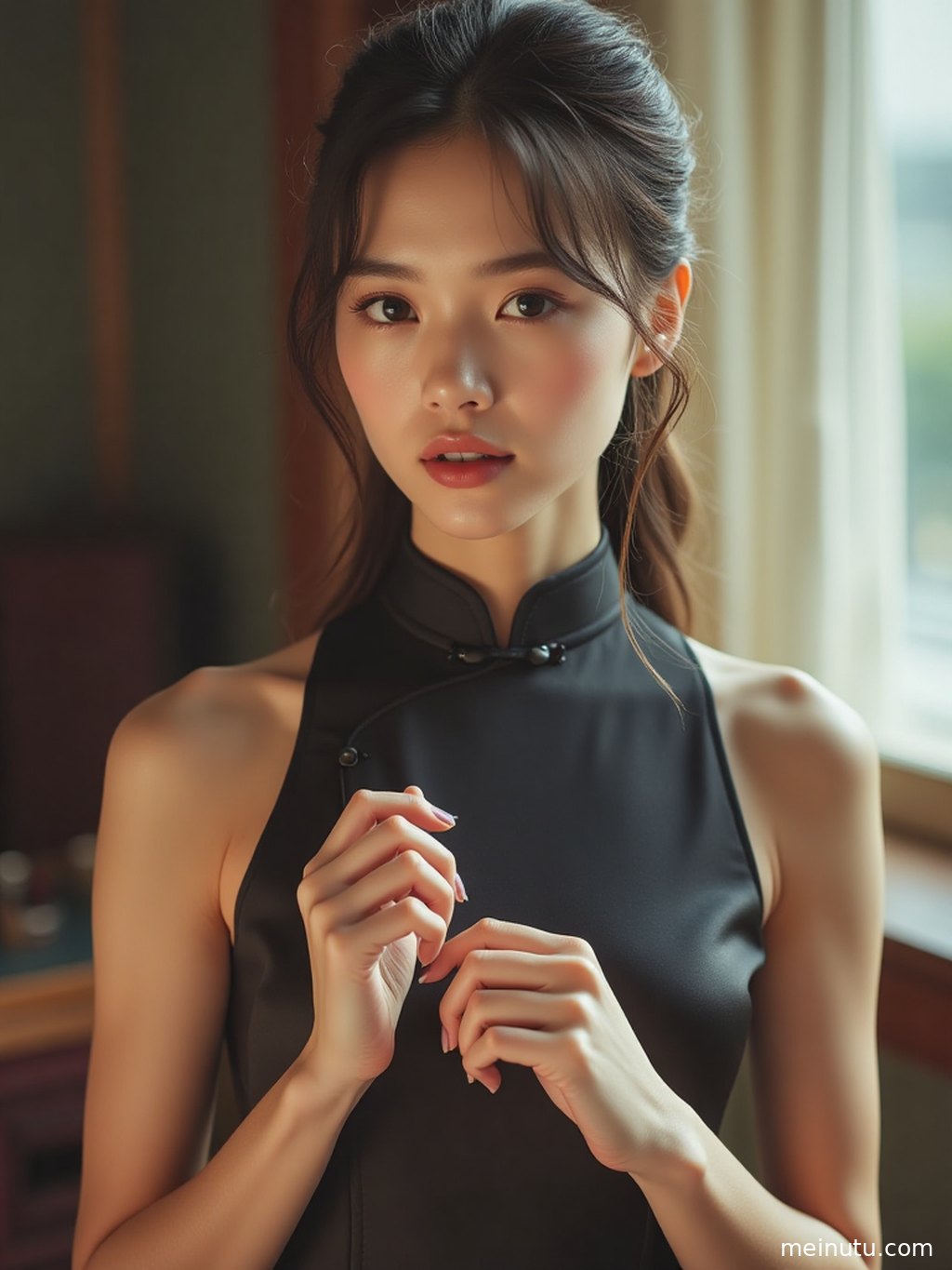 The flowing luster of a silk qipao and the elegant posture of an adult woman in the sunset glow.