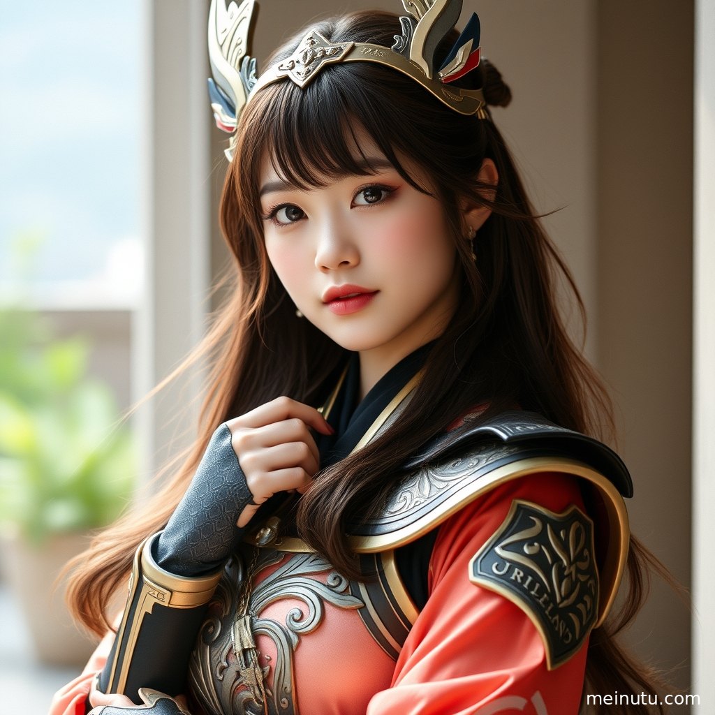 Street snap cosplay collection with an anime theme, featuring an adult woman in full-body composition showcasing elaborate costumes under dreamlike warm side lighting.