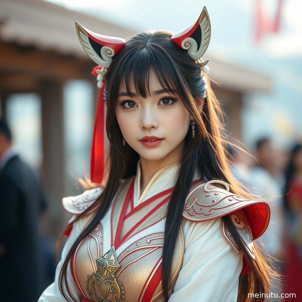 High-definition anime cosplay photo set, an adult woman captured in a full-body street shot, exuding character charm with warm side lighting.