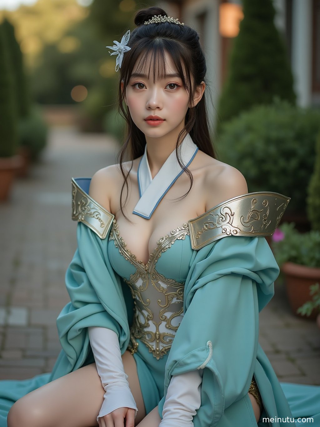 聚焦Cosplay服装的细节特写，在庭院的自然光下，布料的质感和手工的精细清晰可见。
