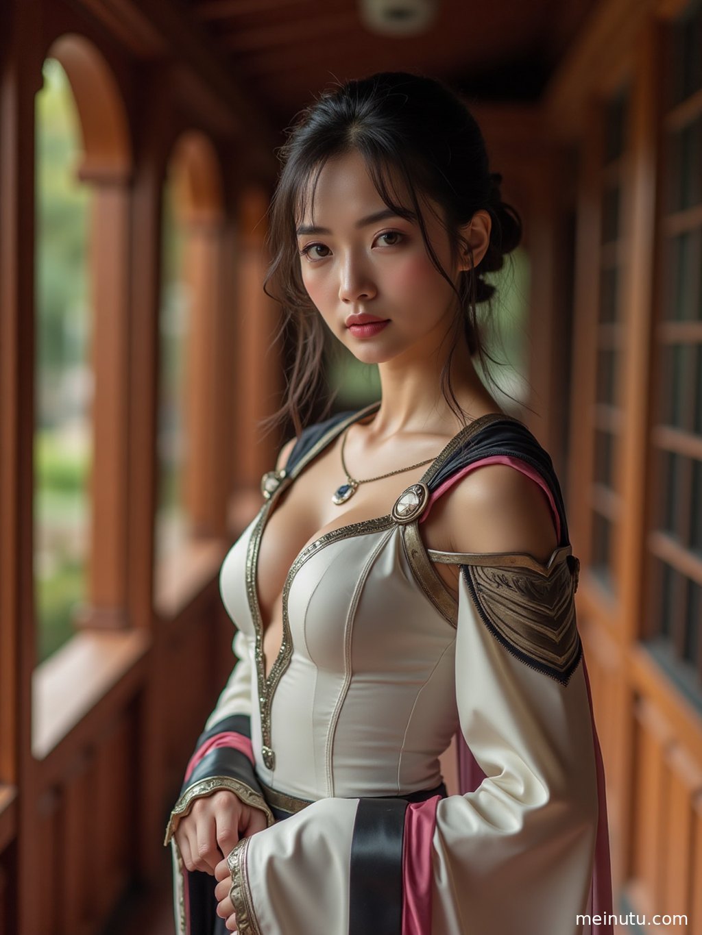 低角度拍摄的庭院Cosplay服装展示，光影交错，烘托出服装的独特设计与市场潜力。