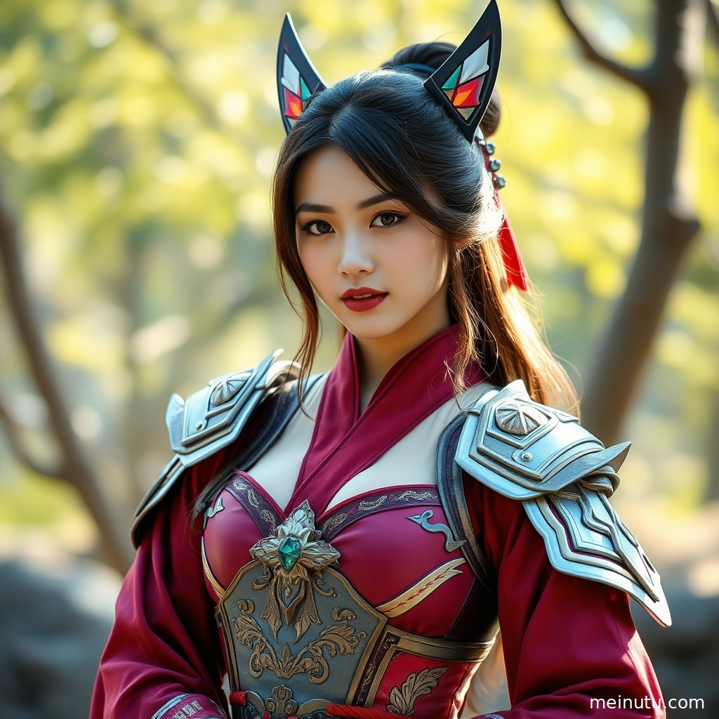 Adult female cosplayer in exquisite attire, showcasing character charm under soft indoor light.