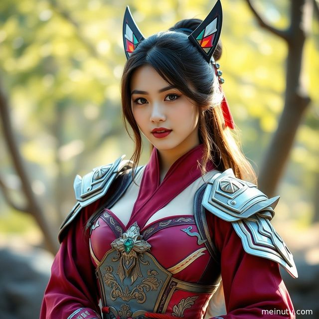 Adult female cosplayer in exquisite attire, showcasing character charm under soft indoor light.