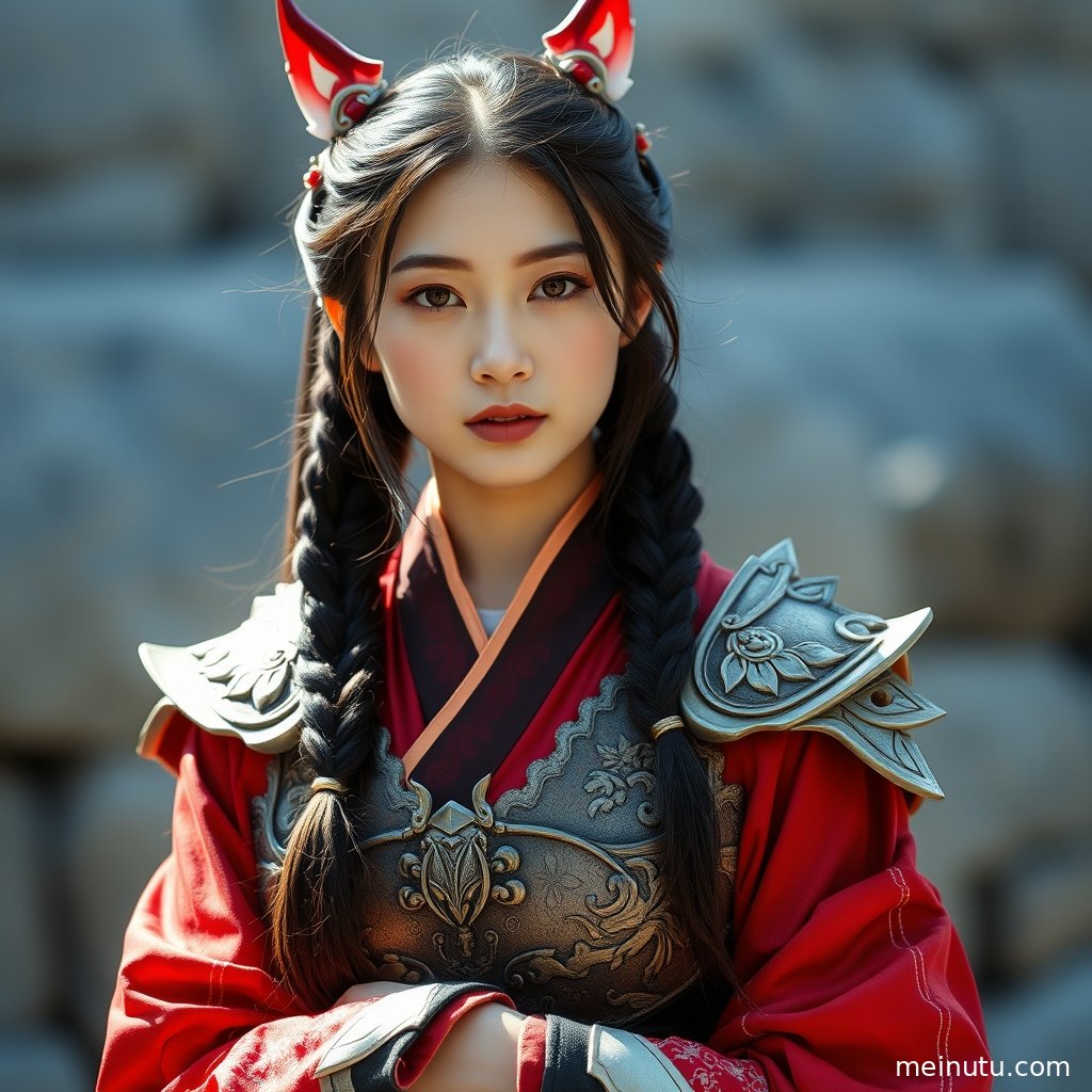 Adult woman in a stunning Cosplay outfit, smiling charmingly under soft indoor lighting.