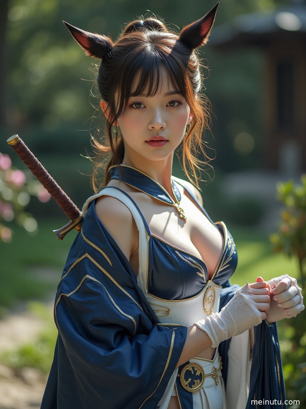 年轻成年女性cosplay角色，在复古走廊的阴影与光影交错处，展现出神秘而诱人的气质。