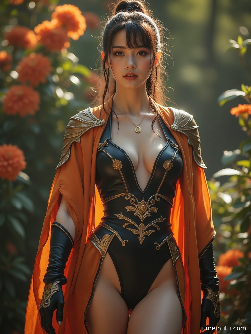 身着动漫Cosplay服装的成年女子在海边沙滩上回眸一笑，柔和逆光勾勒出迷人轮廓。