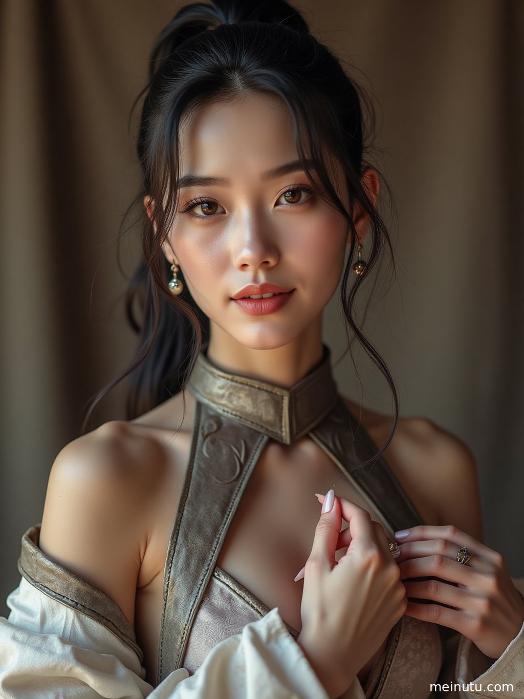 低角度仰拍，成年女子在海边夕阳余晖下眺望远方，散发出动人的魅力。