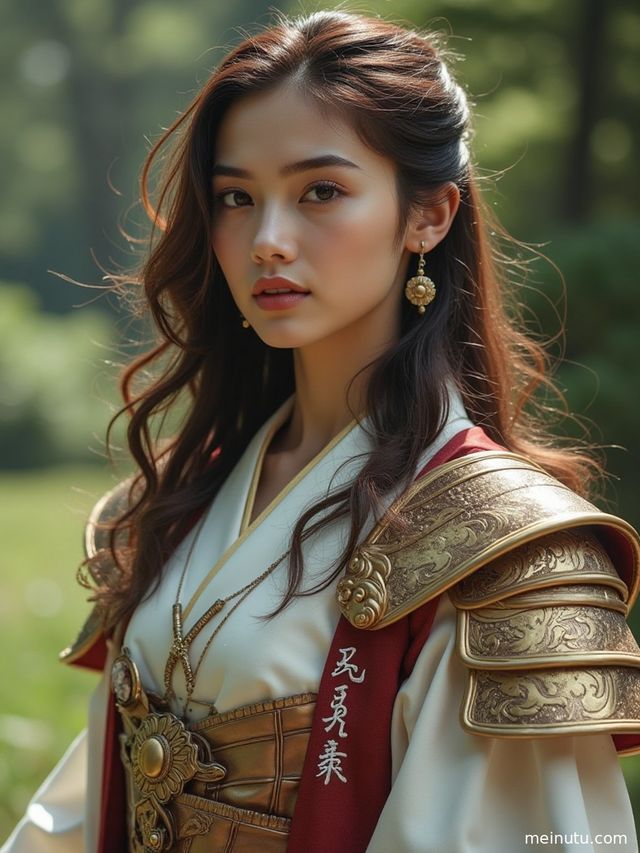 身着华丽服装的成年女子，在黄昏暖阳下回眸，裙摆随风轻扬。