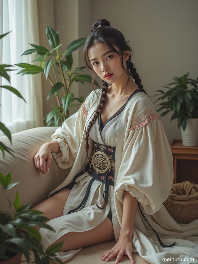 漫展Cosplay角色在窗边，光线勾勒出迷人的侧脸轮廓。