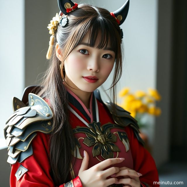 成年女性Cosplay角色在晨光下，面部被柔和的漫射光线勾勒。