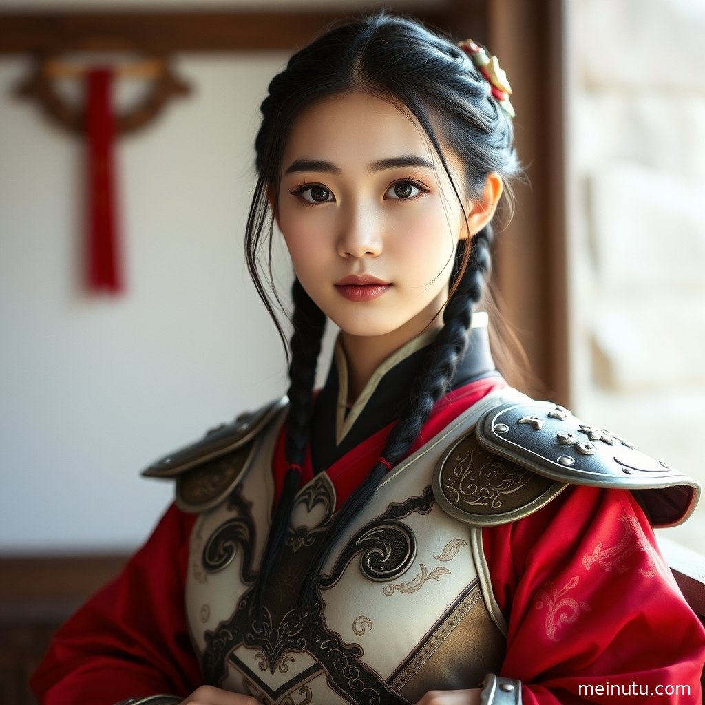 An adult woman in fantasy attire, with a captivating gaze, by the sea at sunset.