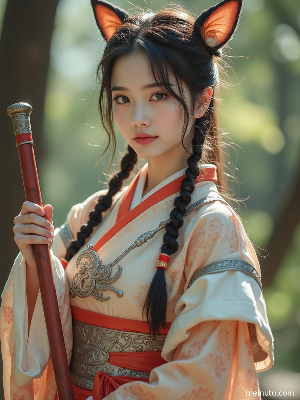 Adult woman in a gorgeous original costume, with expressive eyes and elegant posture.