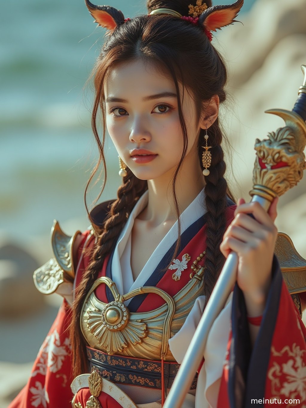 An adult woman showcases unique character charm within a meticulously constructed fantasy setting.