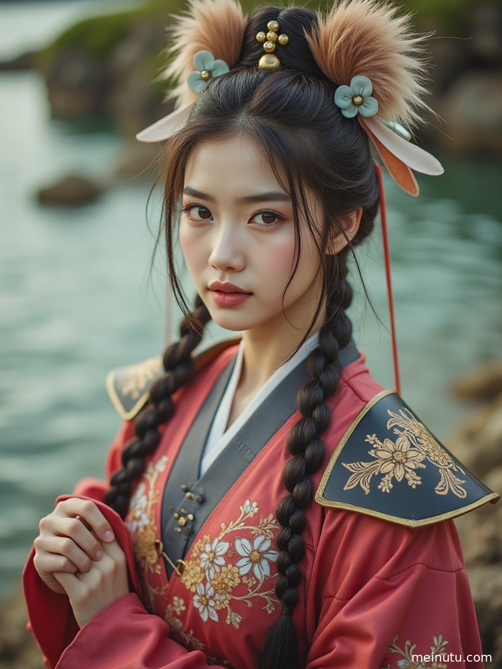 Close-up shot highlighting the exquisite details of original cosplay attire and the captivating aura of the adult female model.