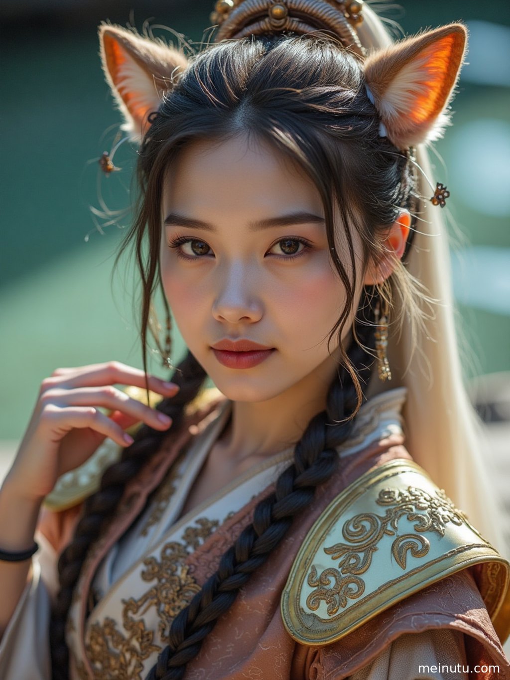 A wide shot captures the overall atmosphere, with the adult female character harmoniously blending into the dreamlike background, creating a picturesque scene.
