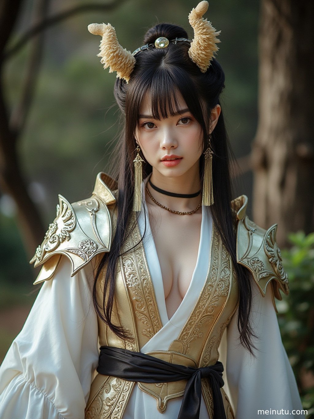 身着华丽战袍的成年女性角色，眼神坚定，背景奇幻。